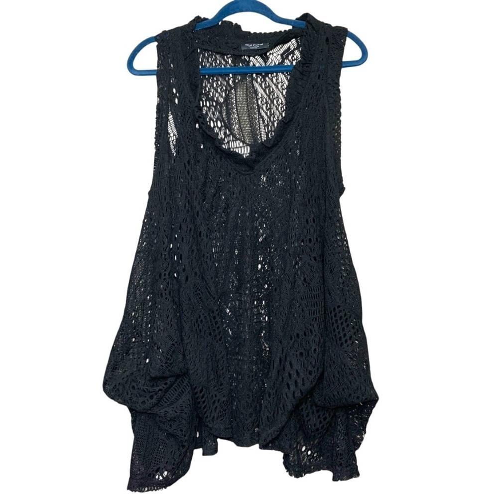 Red Coral Black Crochet Swim Cover up Dress Sz XL Sleeveless Lagenlook Tunic Top